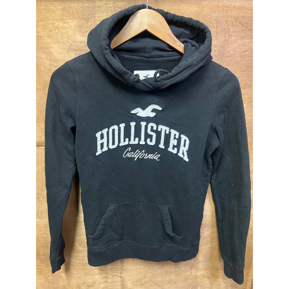 Hollister California Womens XS Black Embroidered Logo Pullover Hoodie Sweatshirt